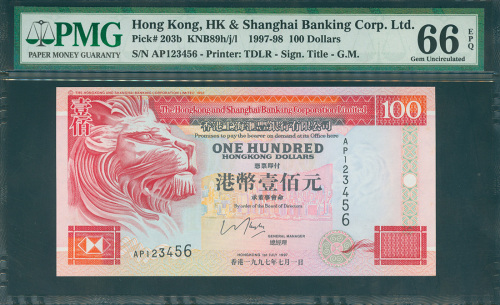 1997年汇丰银行100元，顺号AP123456, PMG66EPQ