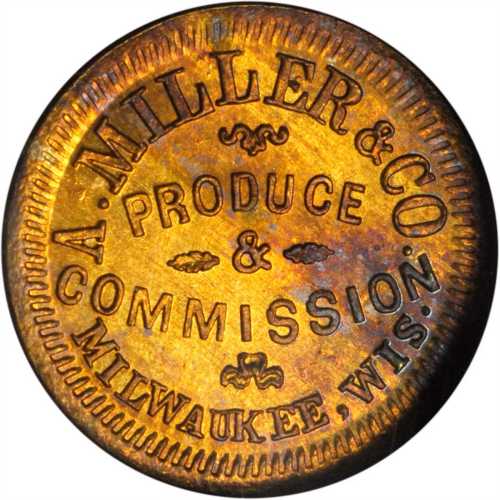 Wisconsin--Milwaukee. 1864 A. Miller & Co. Fuld-510AA-1b. Rarity-6. Brass. 19 mm. MS-65 (NGC).