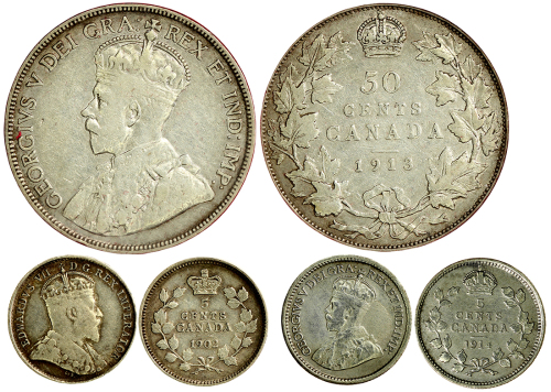 1902-14年加拿大银币3枚一组，包括5分（2枚）及5角，AU至UNC品相