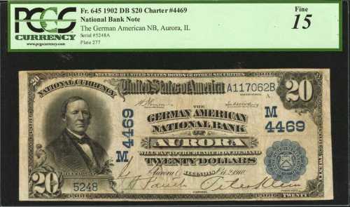 Aurora, Illinois. $20 1902 Date Back. Fr. 645. The German American NB. Charter #4469. PCGS Fine 15.