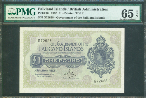 1982年马尔维纳斯群岛政府1镑，编号G72628，PMG65EPQ