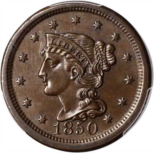 1850 Braided Hair Cent. N-19, 16. Rarity-2. MS-62 BN (PCGS).