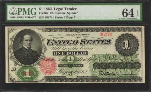 Fr. 16a. 1862 $1 Legal Tender Note. PMG Choice Uncirculated 64 EPQ.