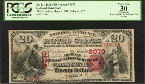 Paducah, Kentucky. $20 1875. Fr. 431. The American German NB. Charter #2070. PCGS Very Fine 30 Appar