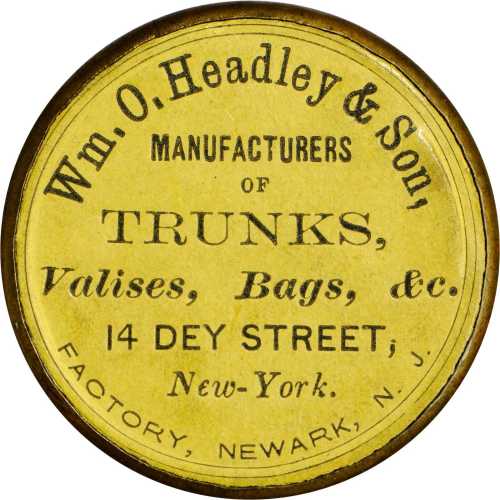 New York, New York. 1868 Wm. O. Headley & Son. Bowers NY-6340. Silvered brass. 38 mm. Choice About U