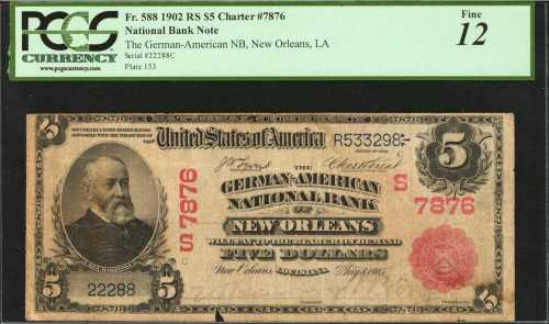 New Orleans, Louisiana. $5 1902 Red Seal. Fr. 588. The German-American NB. Charter #7876. PCGS Fine 