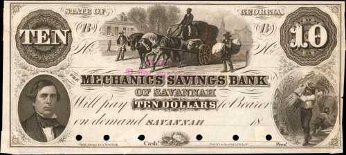 Savanna, Georgia. Mechanics Savings Bank of Savannah. ND (18xx). $10. About Uncirculated. Proof.