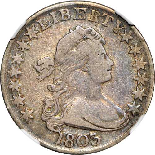 1803 Draped Bust Half Dollar. O-103, T-3. Rarity-3. Large 3, Large Reverse Stars. VF-20 (NGC).