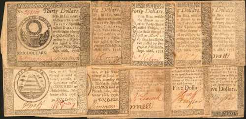 Continental Currency. Collection of (10) Continental Currency Notes from 1778 & 1779 Resolutions. Ve