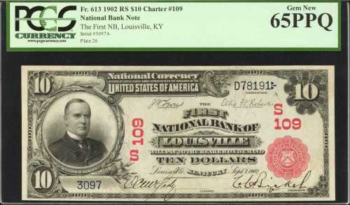 Louisville, Kentucky. $10 1902 Red Seal. Fr. 613. The First NB. Charter #109. PCGS Gem New 65 PPQ.