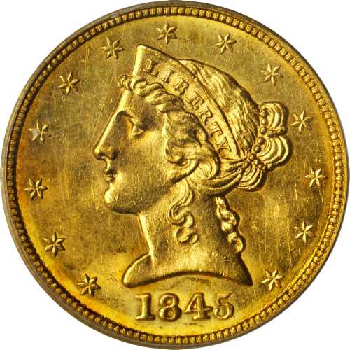1845 Liberty Head Half Eagle. MS-64 (PCGS).