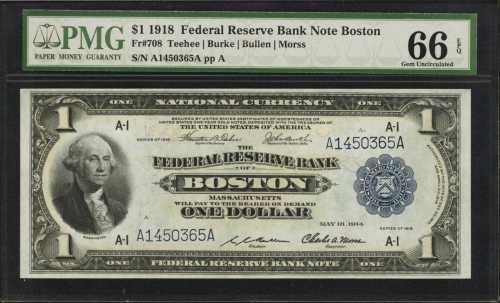 Lot of (4) Fr. 708. 1918 $1 Federal Reserve Bank Note. Boston. PMG Gem Uncirculated 65 EPQ & 66 EPQ.