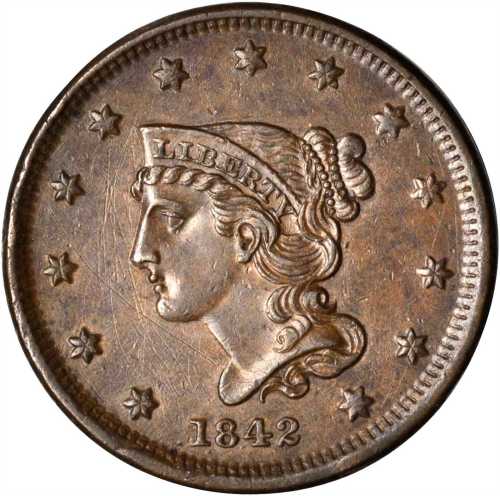 1842 Braided Hair Cent. N-2. Rarity-1. Small Date. AU-50 Tooled.