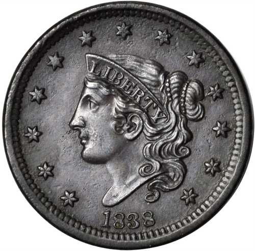 1838 Modified Matron Head Cent. N-9. Rarity-3. MS-60 Environmental Damage.