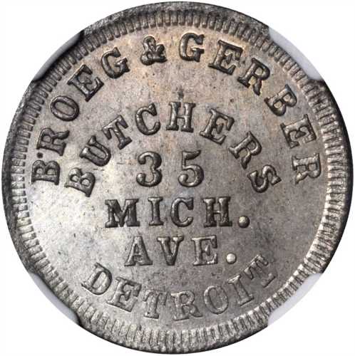 Michigan--Detroit. 1863 Broeg & Gerber. Fuld-225K-3i. Rarity-9. Tin-Plated. 19 mm. MS-64 (NGC).