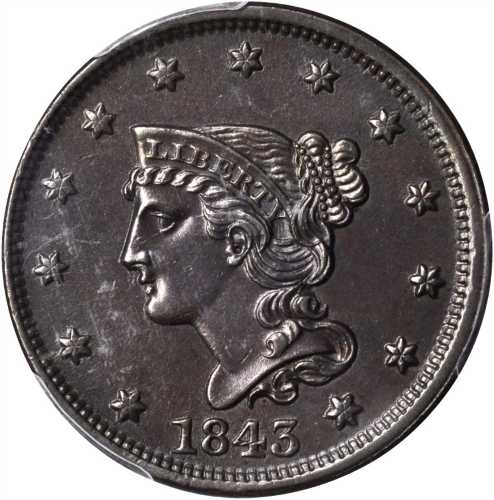 1843 Braided Hair Cent. N-4, 13. Rarity-1. Petite Head, Large Letters. MS-62 BN (PCGS).