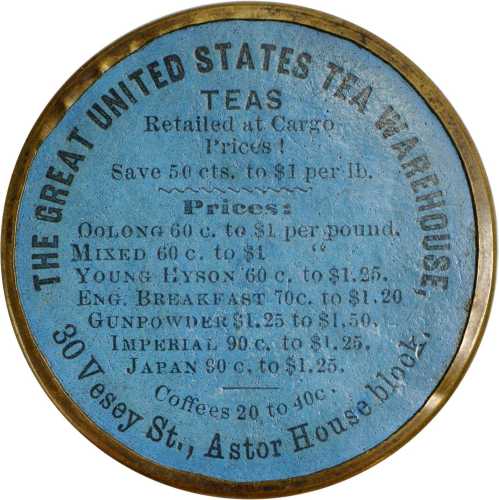 New York, New York. 1867 Great United States Tea Warehouse. Bowers NY-6260. Silvered brass. 38 mm. S