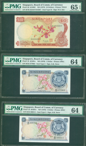 新加坡纸币3枚一组，面值1元2枚，编号B/22 308511及B/25 577963， 面值10元为错体钞，左右号码不符分别评PMG64，PMG64及PMG65EPQ