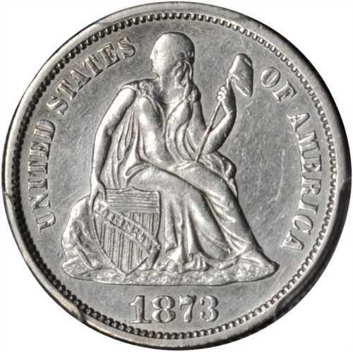 1873 Liberty Seated Dime. No Arrows. Fortin-105. Rarity-4. Open 3. AU Details--Cleaned (PCGS).