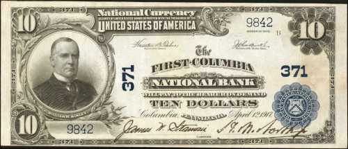 Columbia, Pennsylvania. $10 1902 Plain Back. Fr. 632. The First NB. Charter #371. Very Fine.