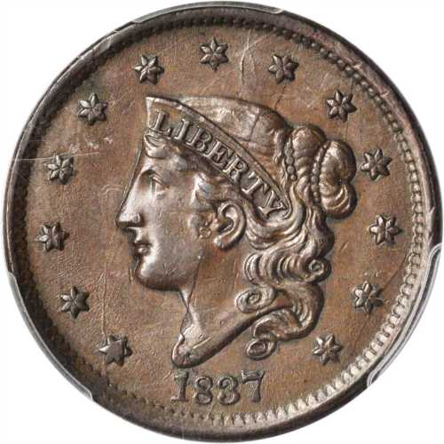 1837 Modified Matron Head Cent. N-9. Rarity-1. Head of 1838. AU-58 (PCGS).