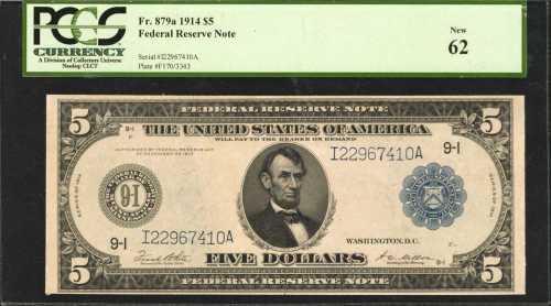 Fr. 879a. 1914 $5 Federal Reserve Note. Minneapolis. PCGS New 62.