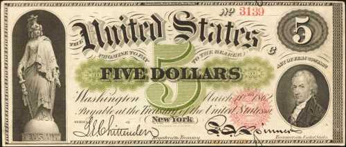 Fr. 61a. 1862 $5 Legal Tender Note. Choice About Uncirculated.