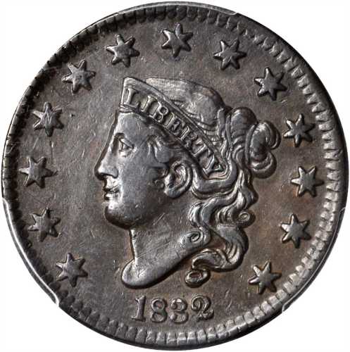 1832 Matron Head Cent. N-1. Rarity-2. Medium Letters. EF-40 (PCGS).