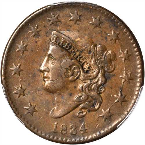 1834 Matron Head Cent. N-2. Rarity-1. Small 8, Large Stars, Medium Letters. EF-40 (PCGS).