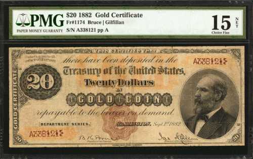 Fr. 1174. 1882 $20 Gold Certificate. PMG Choice Fine 15 Net. Repaired.