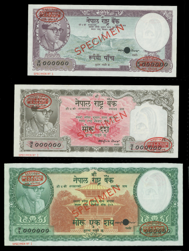1961年尼泊尔伍，拾，壹佰卢比样票一组三枚，Lekshmi Nath Gautam签，背有贴痕，均AU-UNC