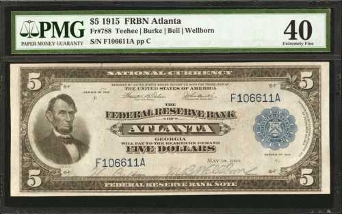 Fr. 788. 1915 $5 Federal Reserve Bank Note. Atlanta. PMG Extremely Fine 40.