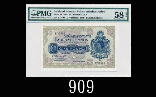 1967年福克兰群岛1镑1967 The Government of Falkland Islands 1 Pound, s/n E37898. PMG EPQ58 Choice AU