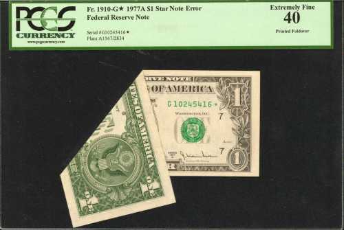 Fr. 1910-G*. 1977A $1 Federal Reserve Star Note. Chicago. PCGS Extremely Fine 40. Printed Fold Over.