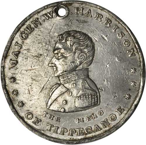 Group of four different large white metal pieces for the 1840 William Henry Harrison campaign.