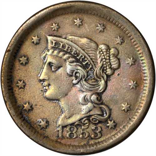 Lot of (5) 1853 Braided Hair Cents.
