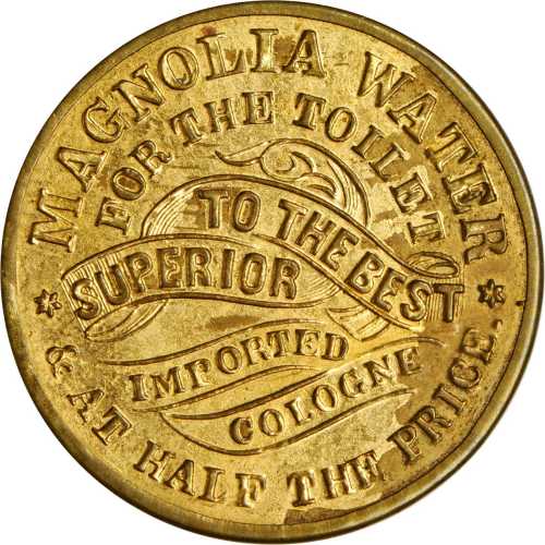 New York, New York. 1868 Magnolia Water, Demas Barnes & Co. Bowers NY-6660. 34 mm. About Uncirculate