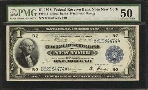 Fr. 713. 1918 $1 Federal Reserve Bank Note. New York. PMG About Uncirculated 50.