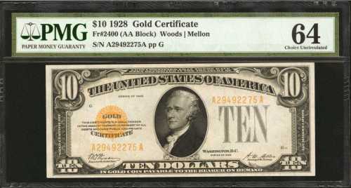 Fr. 2400. 1928 $10 Gold Certificate. PMG Choice Uncirculated 64.