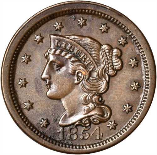 Lot of (5) 1854 Braided Hair Cents.