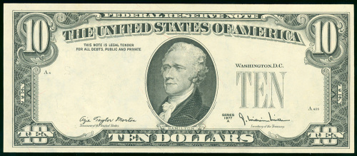 1977A美国10元纸币，漏印编号错体，UNC