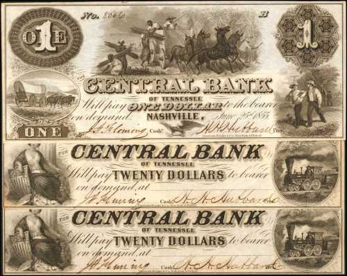 Nashville, Tennessee. Central Bank of Tennessee. $1 & $20. Lot of (3) Notes. About Uncirculated.