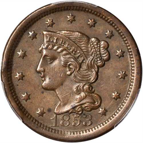 1853 Braided Hair Cent. N-15. Rarity-2. AU-58 (PCGS).