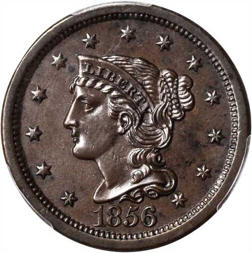 1856 Braided Hair Cent. N-19. Rarity-2. Slanting 5. Repunched Date. AU-58 (PCGS).