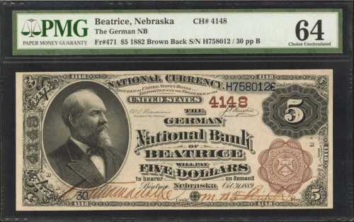 Beatrice, Nebraska. $5 1882 Brown Back. Fr. 471. The German NB. Charter #4148. PMG Choice Uncirculat