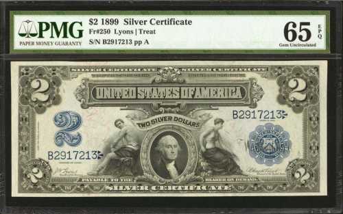 Fr. 250. 1899 $2 Silver Certificate. PMG Gem Uncirculated 65 EPQ.