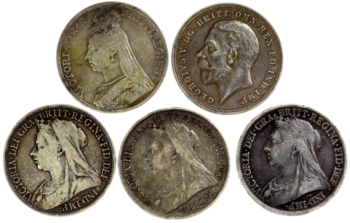 英国1 Crown银币5枚一组，年份包括1889丶1893丶1897及1935，AF至VF品相