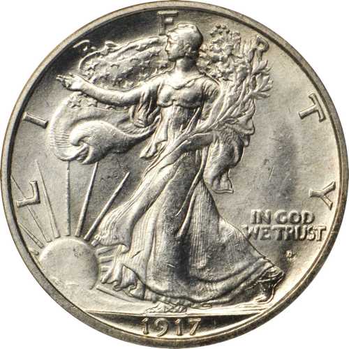 1917-D Walking Liberty Half Dollar. Obverse Mintmark. MS-64 (PCGS).