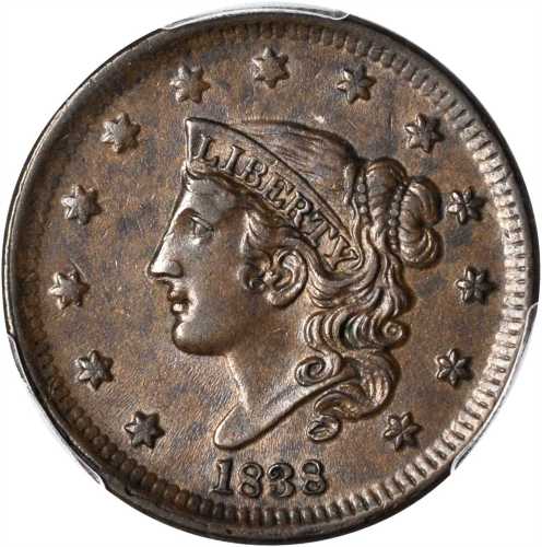 1838 Modified Matron Head Cent. N-1. Rarity-1. AU-58 (PCGS).