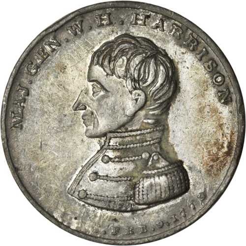 Group of four different white metal pieces for the 1840 William Henry Harrison campaign.